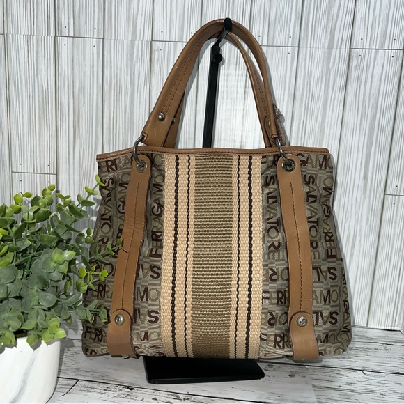 Salvatore Ferragamo Vintage Monogram Jacquard & Leather Tote Bag - Picture 1 of 12